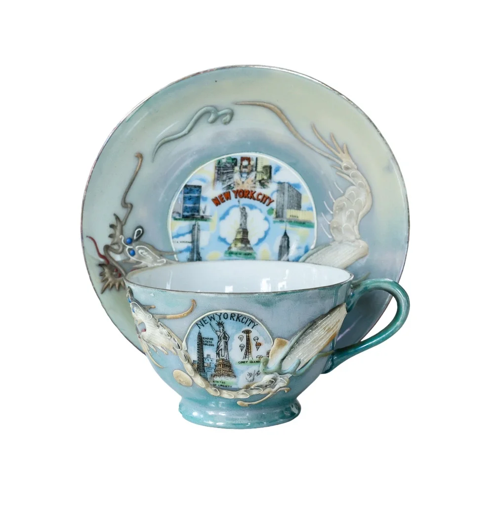 VTG Moriage Dragonware New York City Teacup Set Geisha Lithophane Chinoiserie